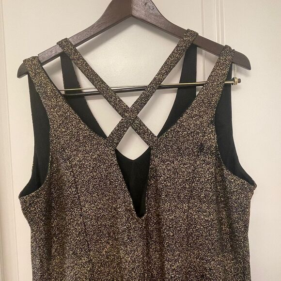 NWT City Chic Metallic Glam Gold Black Vneck Split Strap Cross Back Dress M/18W - Picture 11 of 11
